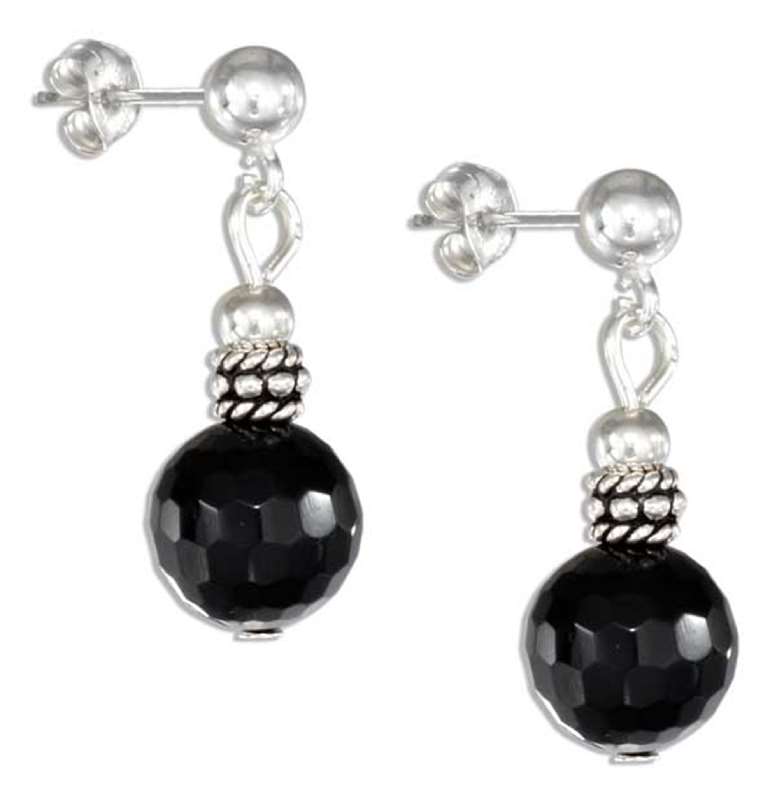Faceted Black Onyx Drop Post Earrings Silver Bali Beads Faceted Black Onyx Drop Post Earrings Silver Bali Beads
