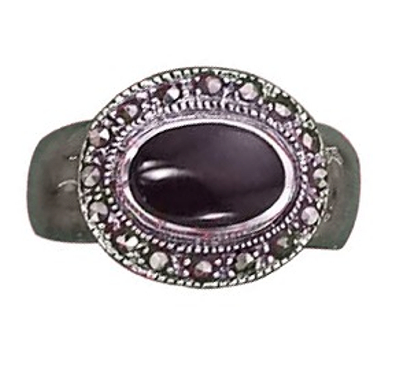 Black Onyx Side Ring Marcasite Border On Shank Black Onyx Side Ring Marcasite Border On Shank