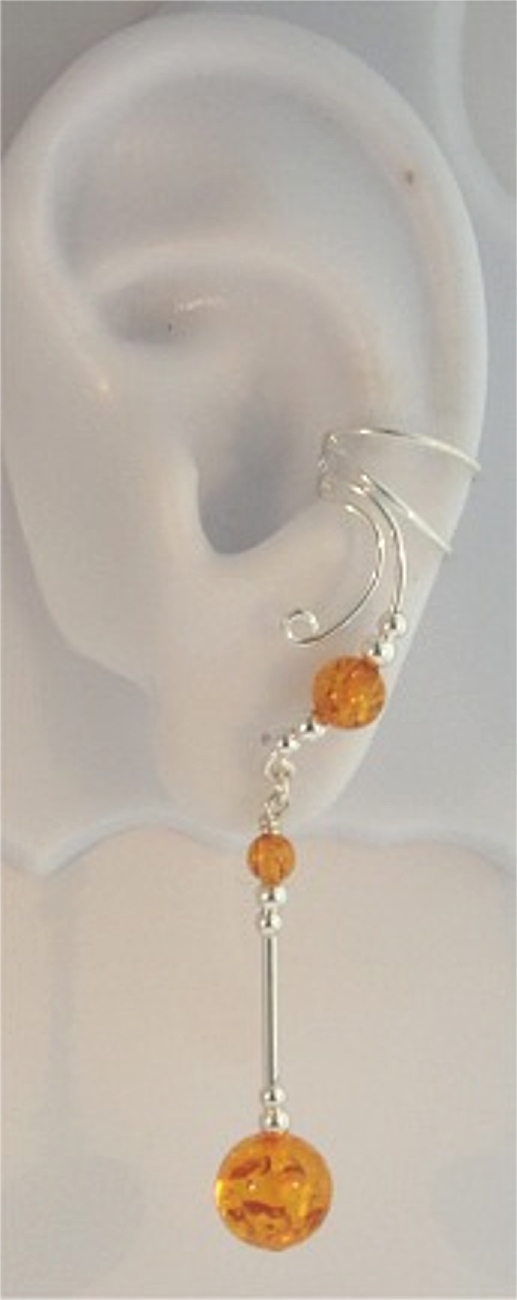Right Only Long Dangle Honey Amber Sphere Ear Cuff Wrap Right Only Long Dangle Honey Amber Sphere Ear Cuff Wrap