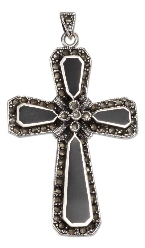 Marcasite Christian Religious Cross Pendant Black Onyx Accents Marcasite Christian Religious Cross Pendant Black Onyx Accents