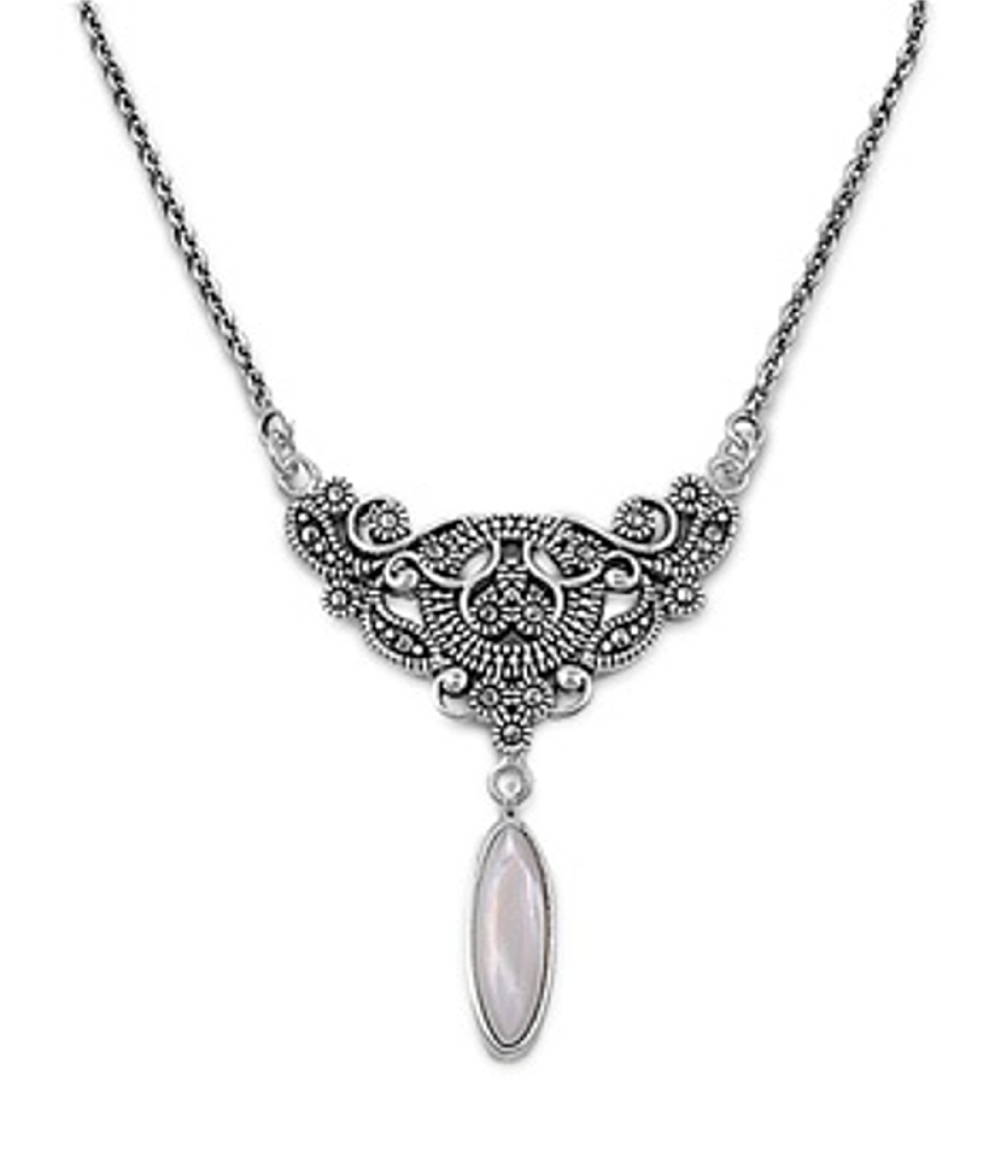 18" Marcasite Design Pendant Necklace With Mother Of Pearl Drop 18" Marcasite Design Pendant Necklace With Mother Of Pearl Drop
