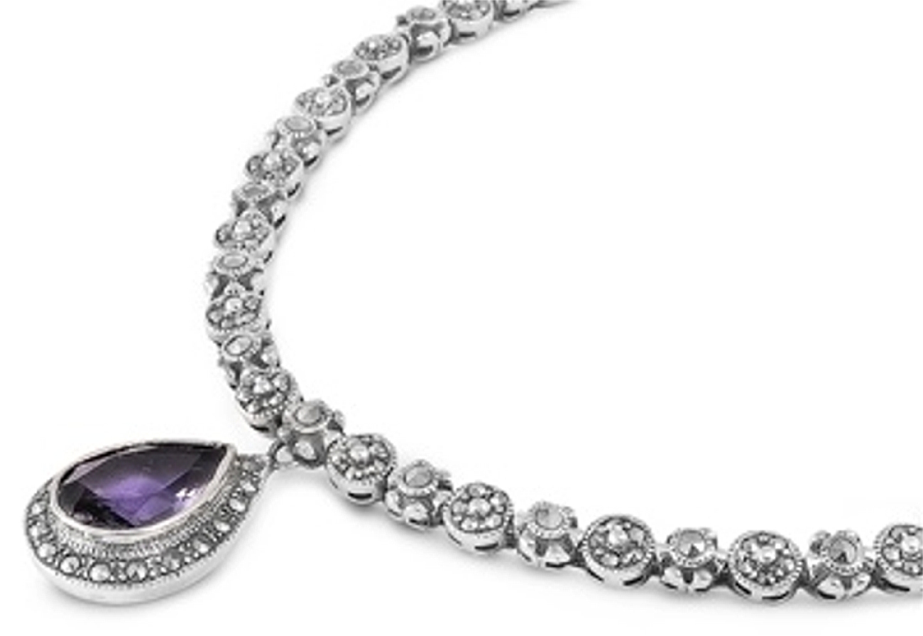18" Marcasite Multiple Links Necklace With Garnet Stone Pendant 18" Marcasite Multiple Links Necklace With Garnet Stone Pendant