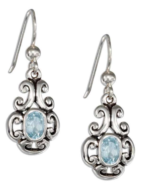 Scroll Design Blue Topaz Stone Ball Earrings Scroll Design Blue Topaz Stone Ball Earrings