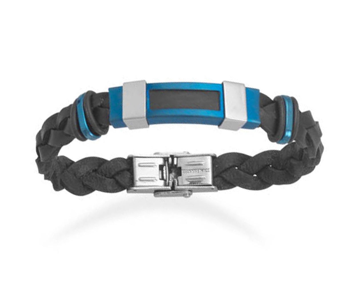 Men's 8.5" Stainless Steel Braided Black Leather Bracelet With Blue Men's 8.5" Stainless Steel Braided Black Leather Bracelet With Blue
